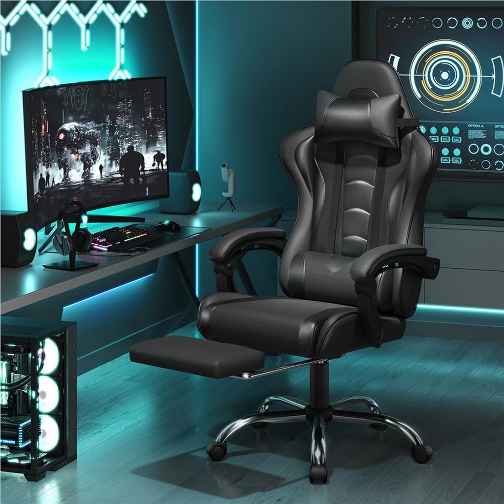 Yaheetech Gaming-Stuhl mit Massagefunktion und Fußstütze – schwarz