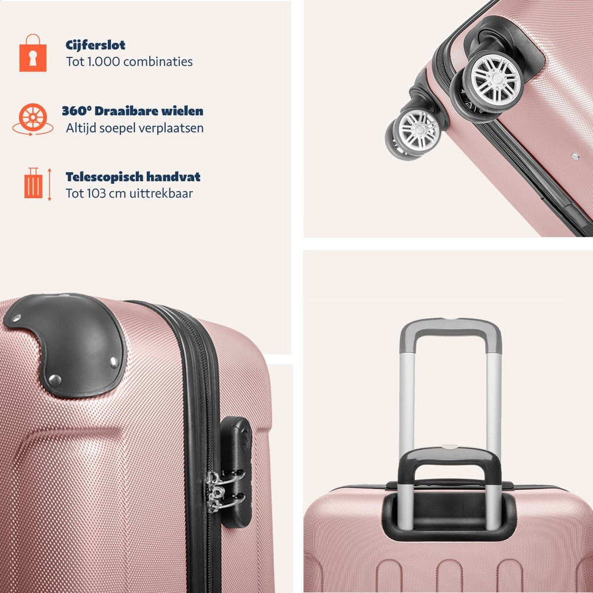 TRVLMORE Handgepäck Koffer mit Rädern - Numerisches Schloss - 54x36x20cm - 38L - Rose Gold