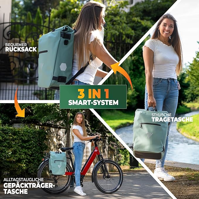 MIVELO Pannier - 3-in-1-Rucksack & Umhängetasche - Wasserdicht - 20 Liter - Mint