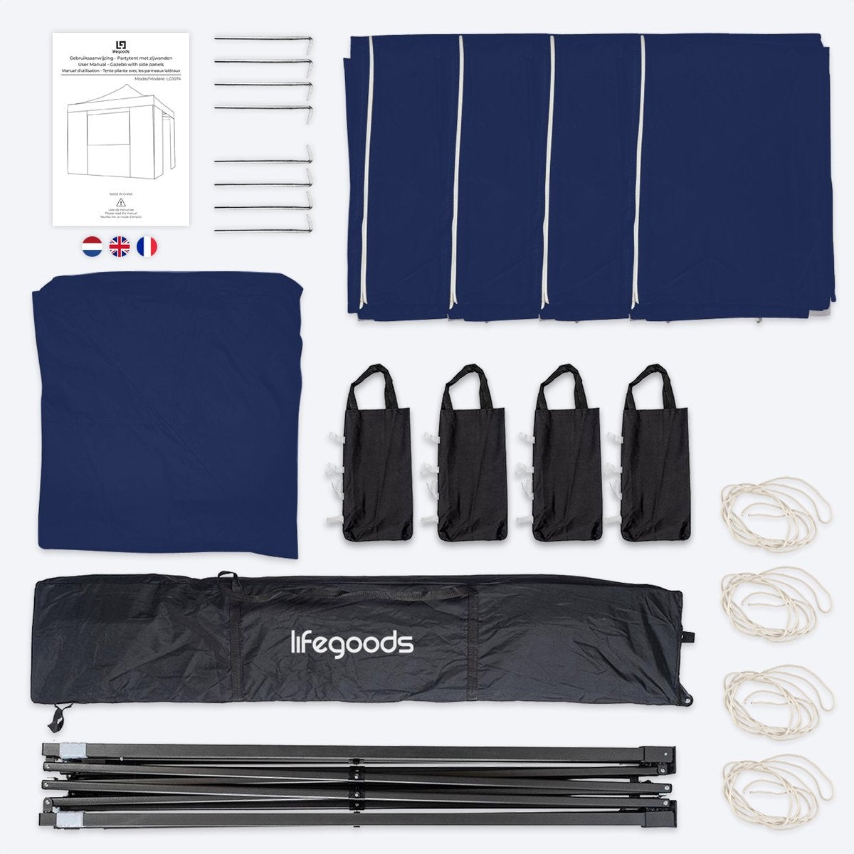 LifeGoods Partyzelt - Pavillon - 3x3 m - Seitenwände - leicht aufbaubar - faltbar - wasserdicht - Tragetasche mit Rädern - dunkelblau