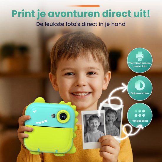 ODESSEY Kinderkamera mit Drucker - Full HD - Selfie-Kamera - 32GB SD-Karte - Foto - Video - Spiele - Digitalkamera Kinder - Fotokamera für Kinder - Dino