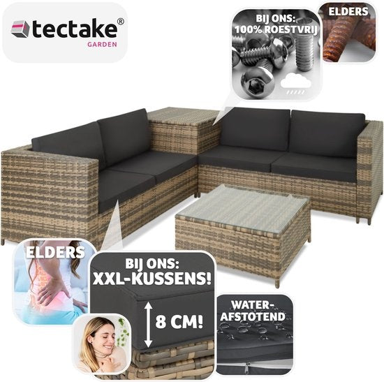 Tectake - Wicker Lounge Set Siena (4 Personen) - Modular, Aufbewahrungsbox, extra dicke Kissen, UV- und wetterbeständig, Stahlrahmen - Natur/Dunkelgrau