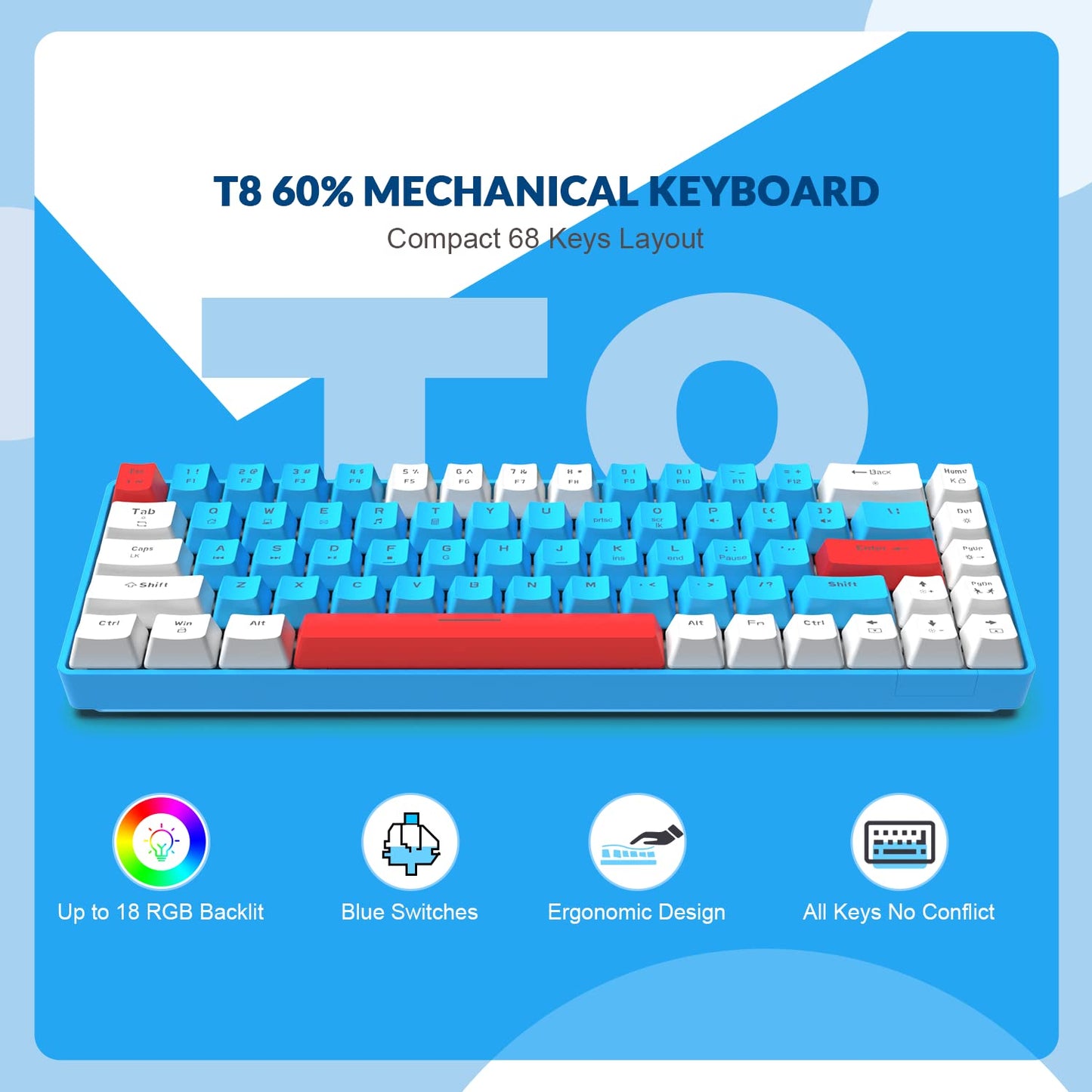 YINDIAO T8 60 % Gaming-Tastatur, 68 Tasten, kompakt, kabelgebunden, mechanische Mini-Tastatur mit 18-farbiger Chroma-RGB-Hintergrundbeleuchtung, rote Schalter, USB-C-Spiralkabel, für PC, Mac – hellgrau