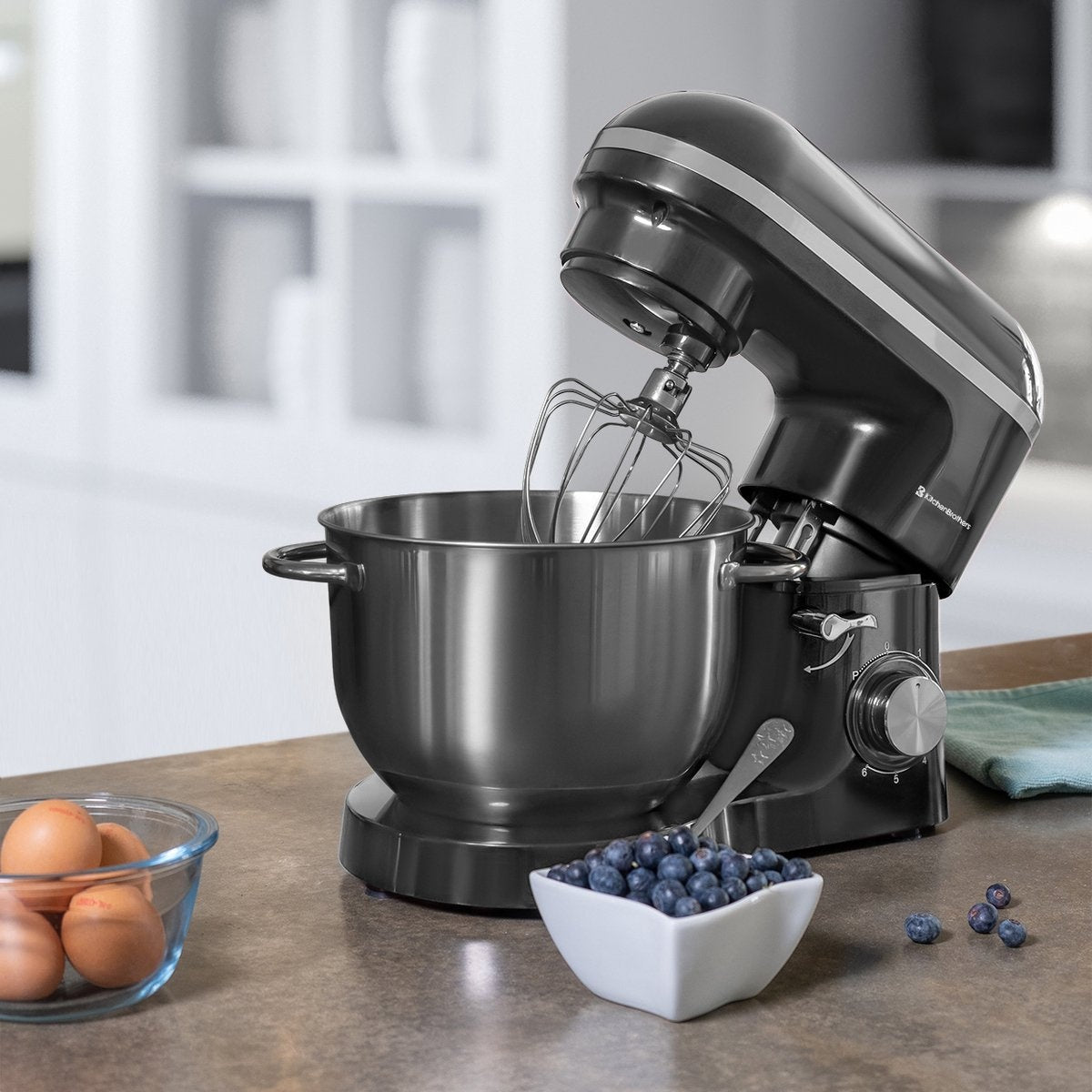 KitchenBrothers Küchenmaschine - Küchenmixer mit 6L-Edelstahl-Mixschüssel - Küchenroboter - 1400W - Anthrazit