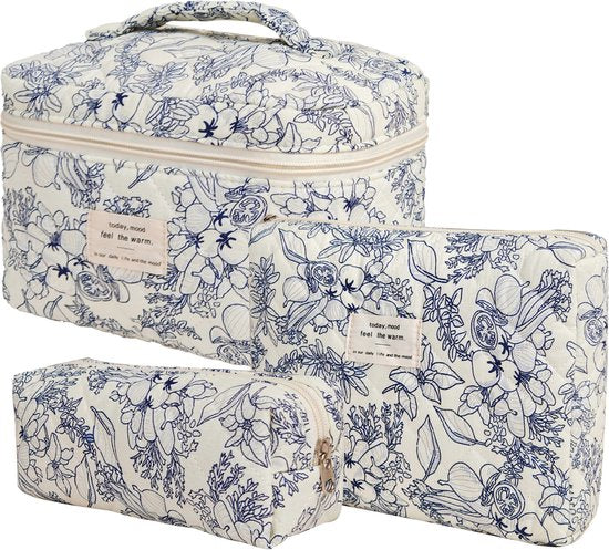 Skycases Travel Essentials - 3-teiliges Make-up-Taschenset - umweltfreundliche Baumwolle - gesteppte florale Organizer - geräumig, strapazierfähig und ideal für Reisen
