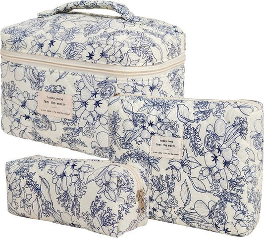 Skycases Travel Essentials - 3-teiliges Make-up-Taschenset - umweltfreundliche Baumwolle - gesteppte florale Organizer - geräumig, strapazierfähig und ideal für Reisen