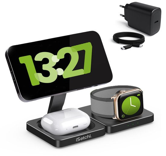 iSetchi 3-in-1 Power Base - kabelloses Ladegerät 15 W - faltbar & leicht - Qi-Ladestation - inkl. Kabel - kompatibel mit Smartphone, Smartwatch & Kopfhörern