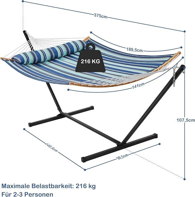 Yaheetech XXL-Hängematte mit Ständer – blau gestreift – verstellbare 2-Personen-Hängematte mit Kissen und Tragetasche
