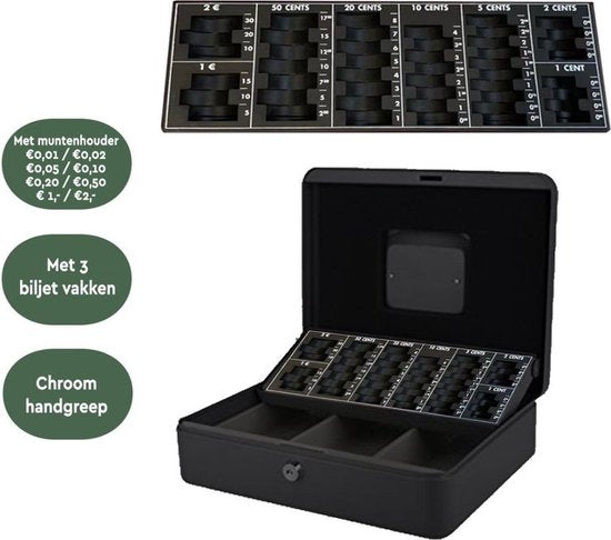 BRASQ Spardose - Geldschrank mit Schlüssel - Geldschrank mit 5 Fächern Münzsortierer - Stahl - 30x24x9 cm Schwarz