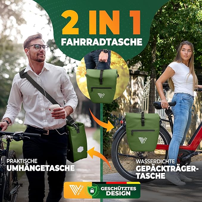 MIVELO Fahrradtasche – 2in1 Gepäckträgertasche & Schultertasche – 20 Liter – Olivgrün