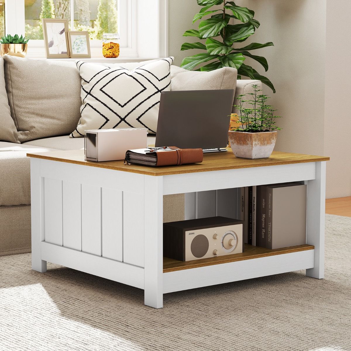 Coast Couchtisch aus Holz – 2-stöckig – Stauraum – Natur und Weiß – 80 x 80 x 45 cm