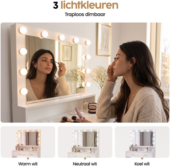 Infinity Goods Schminktisch – Make-up-Tisch – Mit Spiegel und 11 LED-Lampen – Viel Stauraum – Dimmbar – Weiß