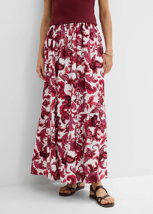 Bonprix-Maxirock aus geschmeidigem Viskose-Mix – Regular – Ahornrot/Wollweiß mit Blumenmuster