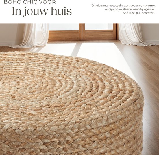 tectake Handmade Footstool Banno Elipse - Runder Jute-Sitzhocker im Boho-Stil - Bequemer Fußhocker mit strapazierfähiger Polsterung - Ø 58 x 22 cm - Max. 150 kg