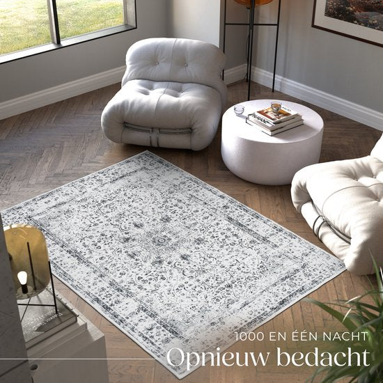 tectake® Teppich im Vintage-Design – Dalia – Kurzflor-Teppich für Wohnzimmer, Kinderzimmer, Schlafzimmer oder Flur – Waschbar – Verschiedene Größen – 120 x 170 cm – grau