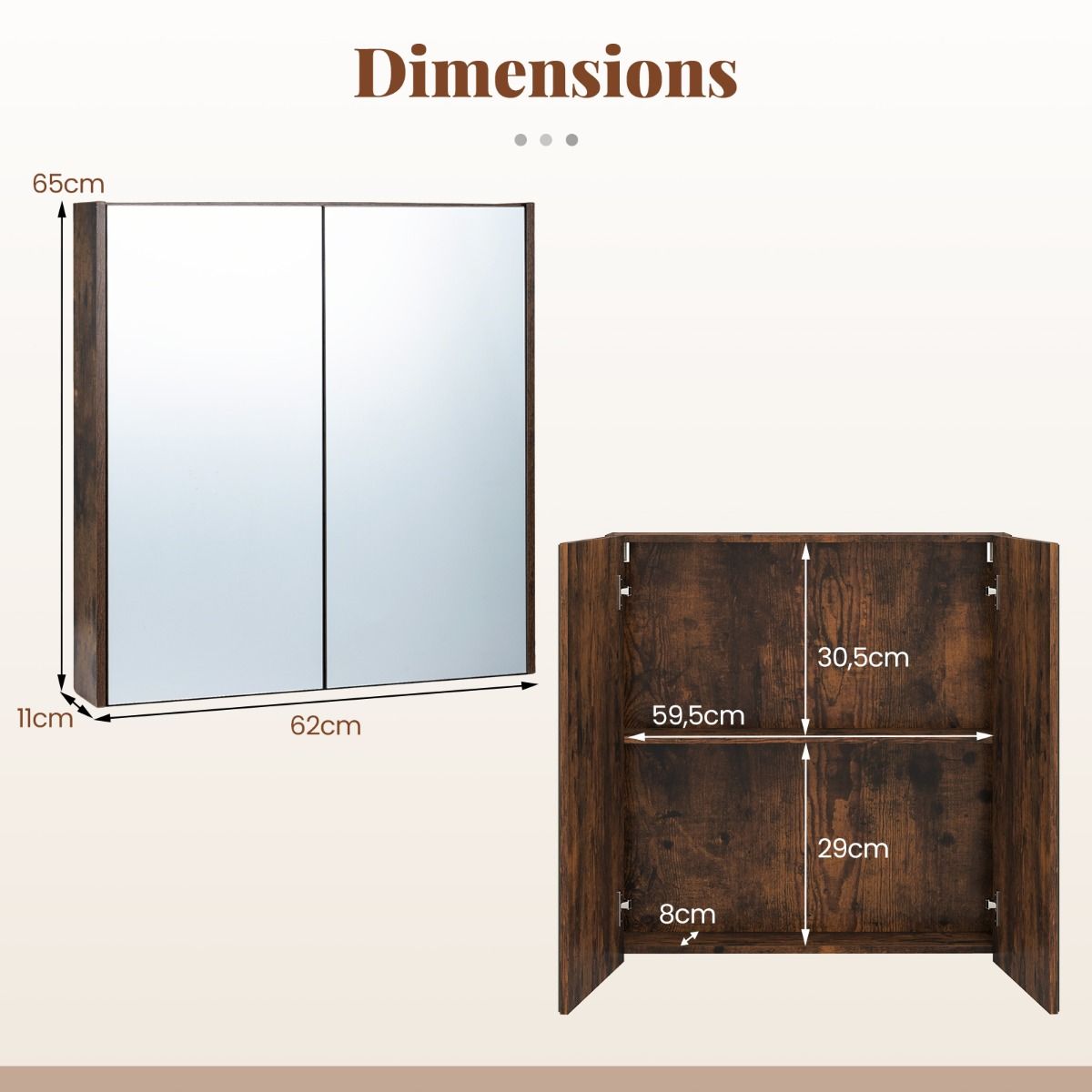 Coast Badezimmerschrank mit Spiegeltüren – großzügiger Stauraum – Wandmontage – weiß/schwarz/rustikales Braun – 62 x 11 x 65 cm