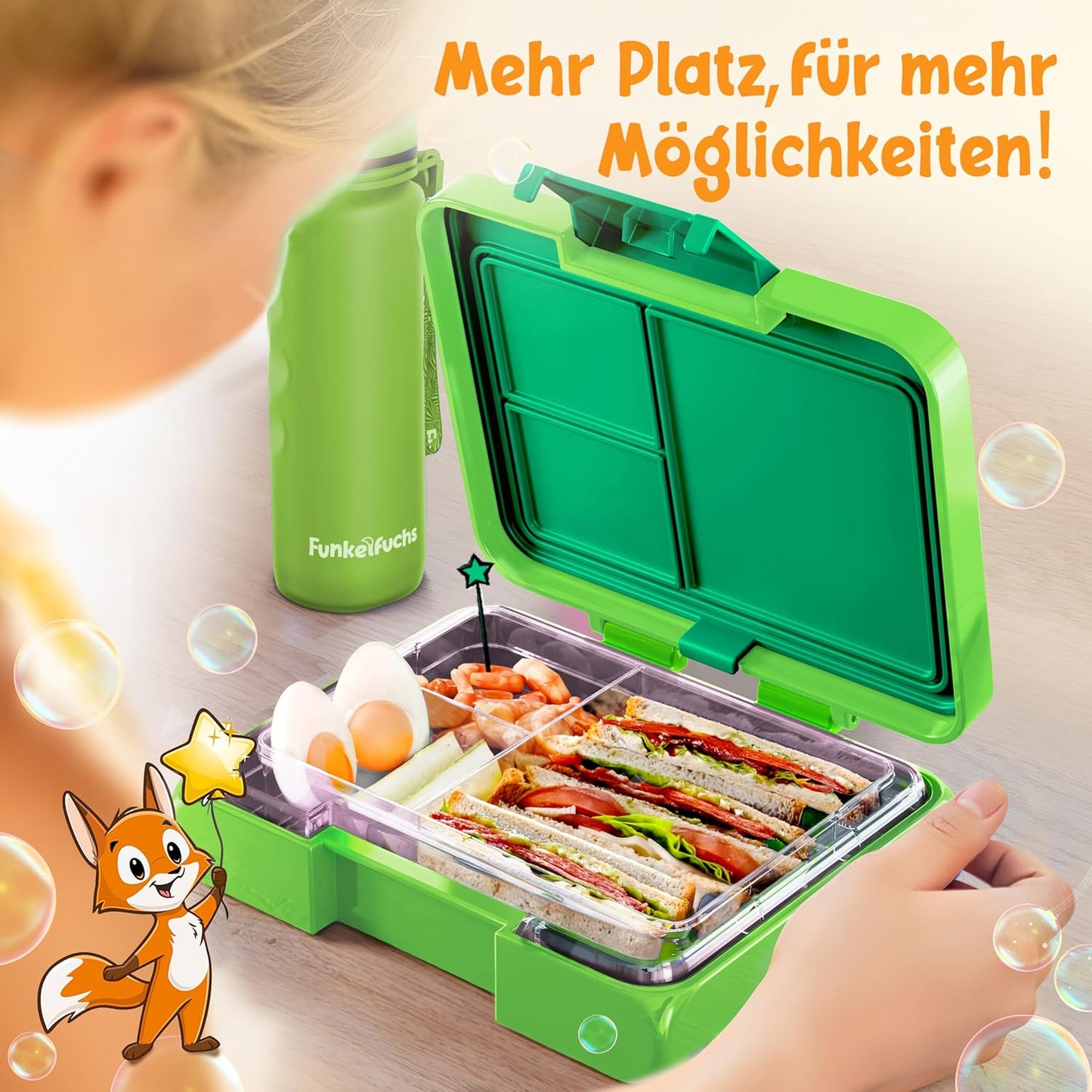 Funkelfuchs® - Lunchbox Kinder mit Fächern - 500ml, grün - Lunchbox Stern, klein - Brotzeitbox, Snackbox, Lunchbox, Brotzeitbox, bento box kids - für Schule, Kindergarten und Krippe
