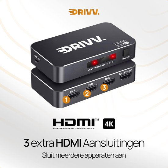 Drivv. HDMI Umschalter 4K 60Hz - 3 Eingänge 1 Ausgang - Inklusive Fernbedienung - Automatische Umschaltung - 780/1080p/4K - Schwarz