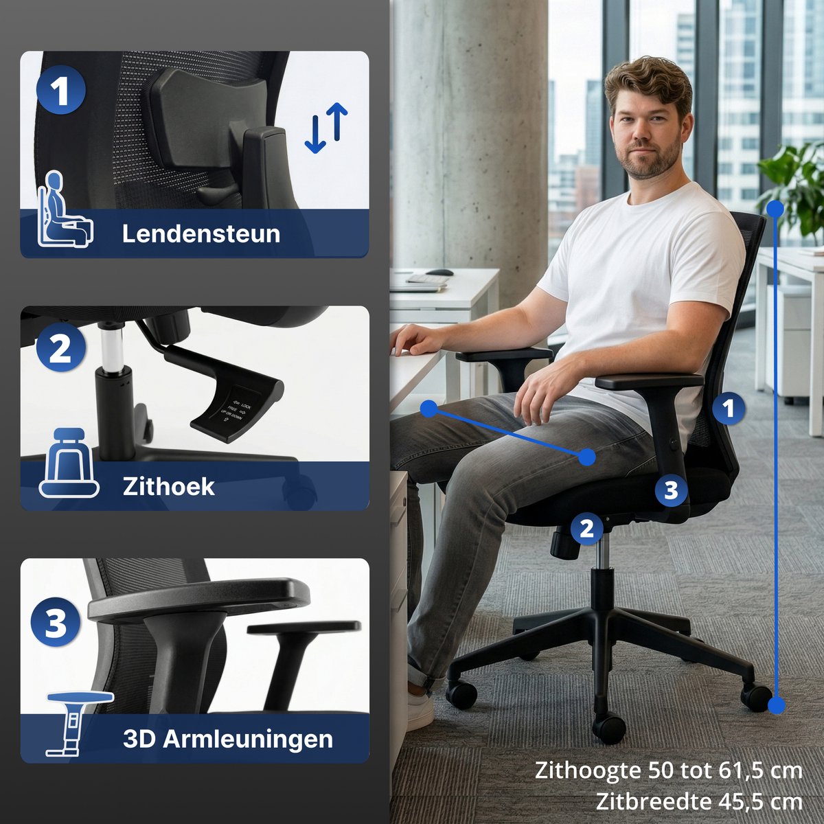 Backerz Low Mesh Bürostuhl Schwarz – 51 cm Sitztiefe – Ergonomisch – Bis zu 140 kg