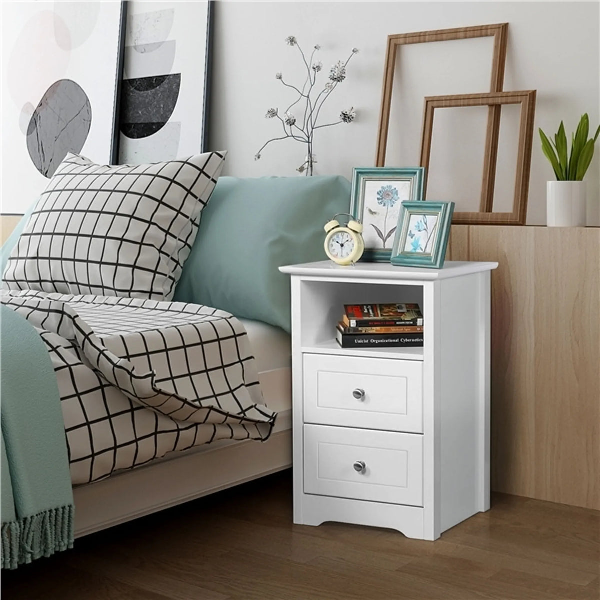 Yaheetech Nachttisch mit 2 Schubladen - 40 x 35 x 60 cm - Mit offener Lagerung und minimalistischem Design und glatten Führungen - Für Schlafzimmer und Wohnzimmer - Weiß E1 MDF