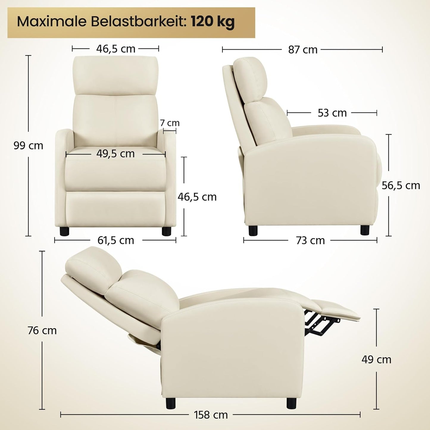 Yaheetech Relaxsessel XL – Verstellbarer Liegesessel mit Fußstütze – Kunstleder, beige – 87 x 61,5 x 99 cm