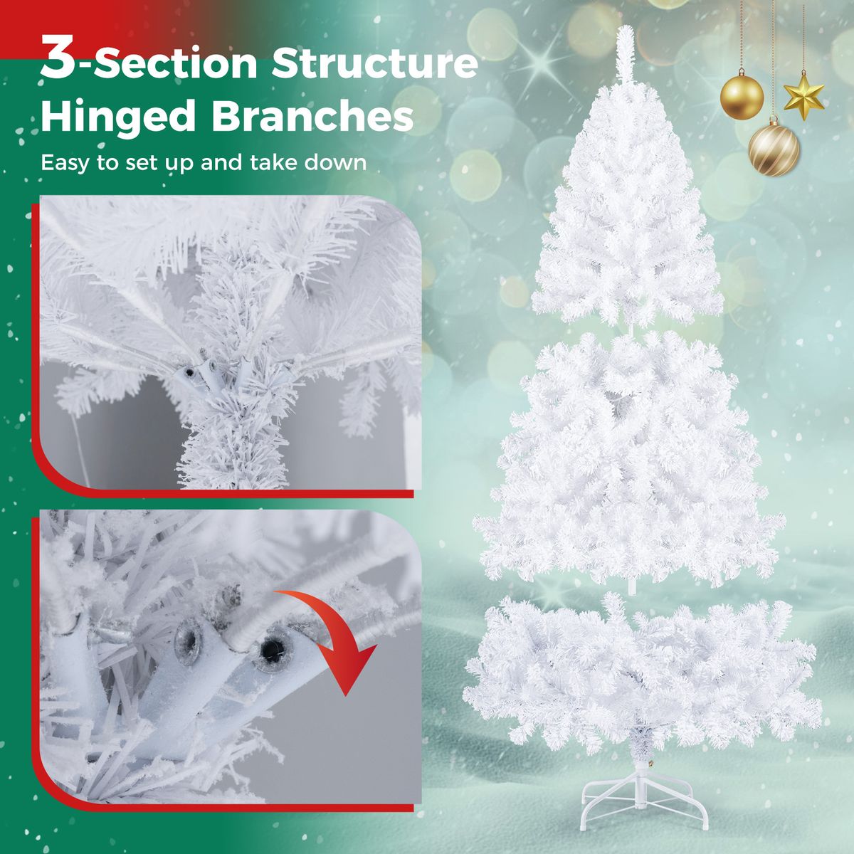 Coast Kunstweihnachtsbaum – 180 cm – 230 warmweiße LED-Lämpchen – 8 Beleuchtungsmodi – Schneeeffekt