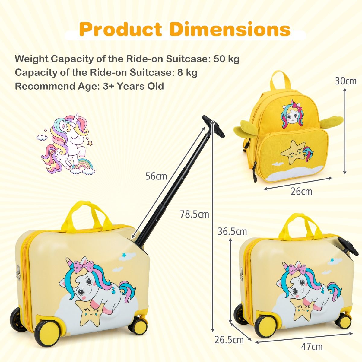 Coast Kinderkoffer- und Rucksack-Set – Ride-on-Koffer mit Rädern – Rucksack mit niedlichem Bienenmotiv – Gelb