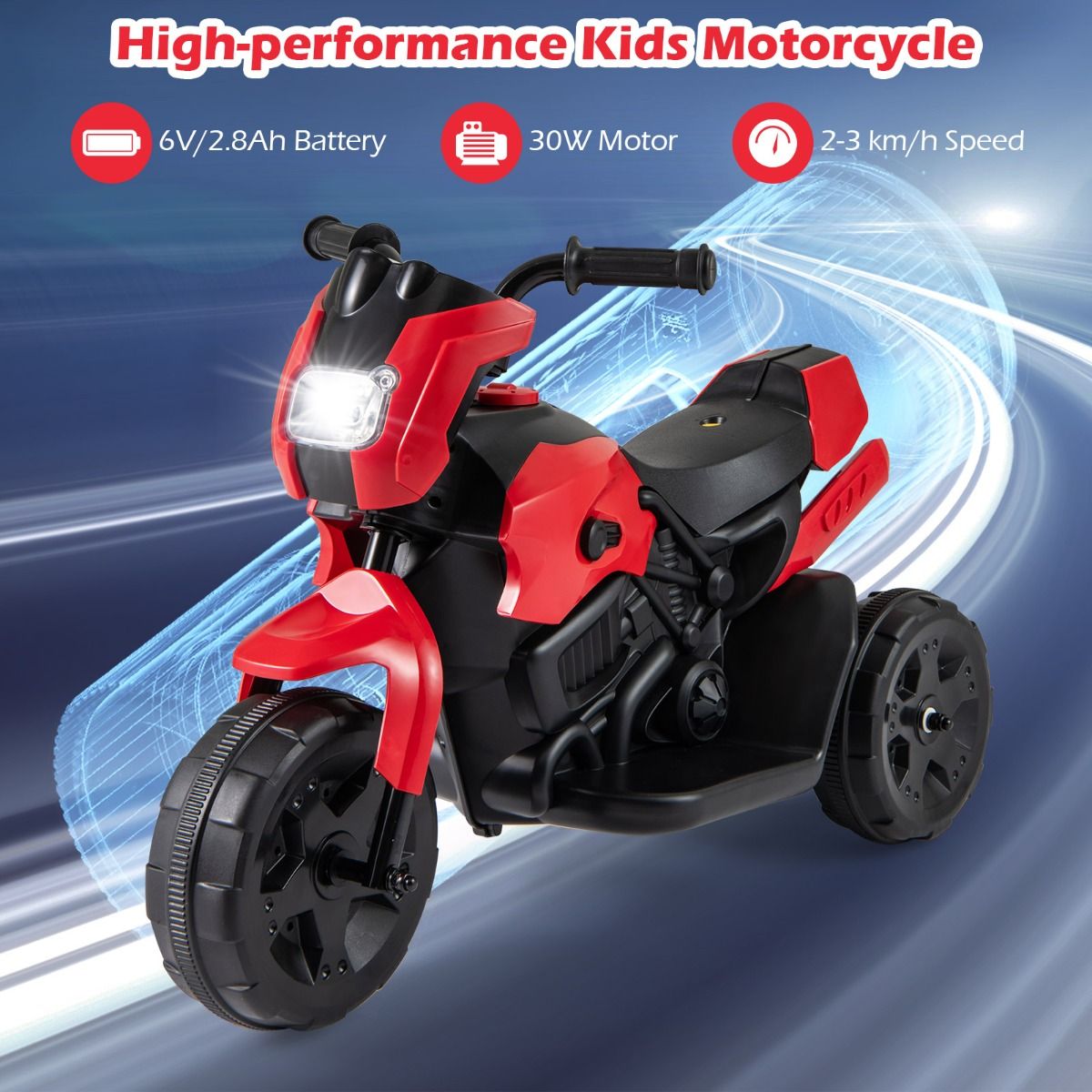 Coast Elektromotorrad für Kinder – Dreirad-Ausführung – mit LED-Scheinwerfer – rot