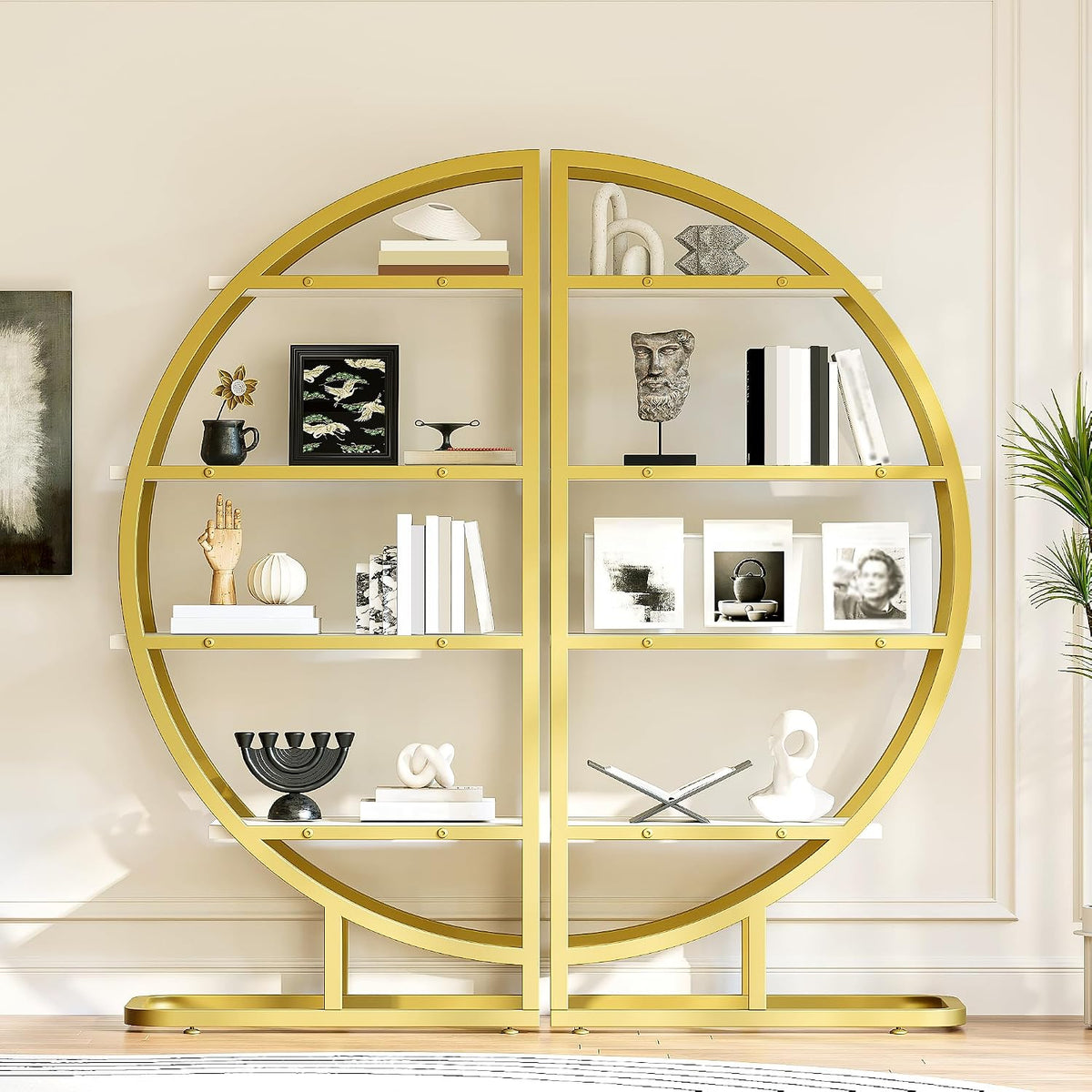 Ligterra Rundes Bücherregal – 2 halbrunde Module – Goldfarbenes Metall mit weißen Regalböden – 120 x 30 x 130 cm