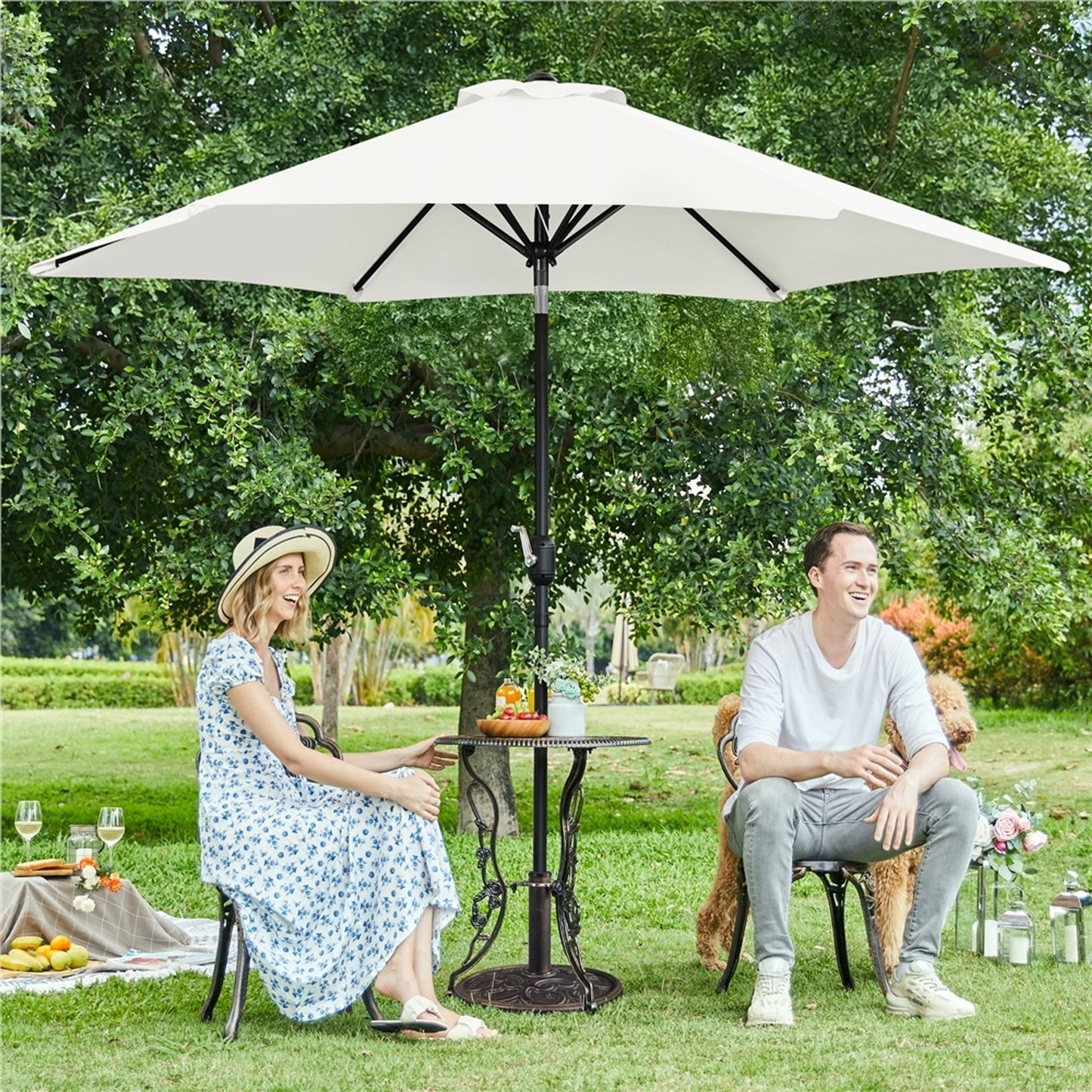 Yaheetech Sonnenschirm mit Ständer und Neigungsfunktion, ø 269 cm – UV-Schutz UPF50+ – Cremeweiß