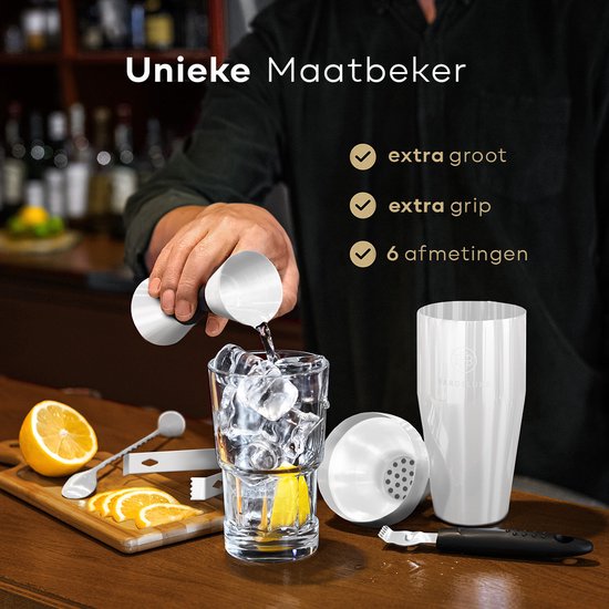 BarDeluxe® Cocktail Set - 12-teilig - Cocktail Shaker 750 ml - Edelstahl - Inklusive luxuriöser Geschenkbox - Aufbewahrungstasche & Rezeptbuch - Weiß