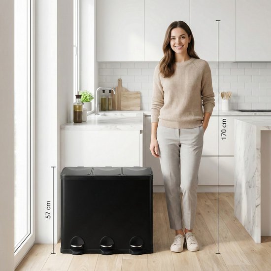 Bayt Mülleimer - Mülleimer 60 Liter - Mülleimer 60 Liter - Treteimer 60 Liter - Mülleimer 3 Fächer - Mülleimer Abfalltrennung - 3x 20 Liter - Edelstahl - Schwarz