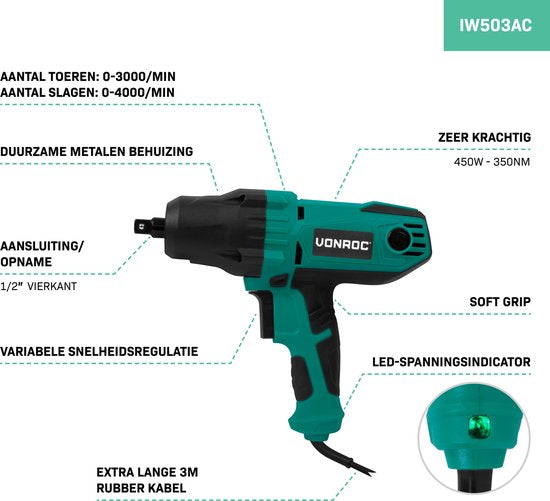 VONROC Schlagschrauber 450W - 350Nm - 1/2" Aufnahme - Inkl. 4 Steckschlüsseleinsätze - 3m Kabel - Soft Grip - geeignet für Reifenwechsel