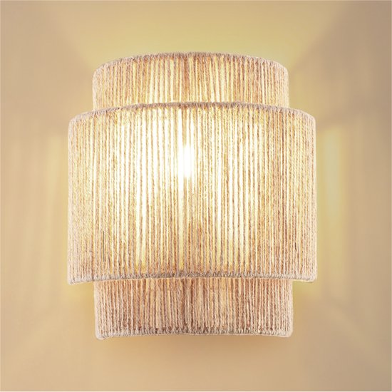tectake® Wandleuchte Lignea Lux - 40W - 12 x 23 x 25,5 cm - E14 - Wandleuchte für Wohnzimmer, Schlafzimmer, Esszimmer - Boho Style Burlap Lamp - Treppenhausbeleuchtung - halbrund