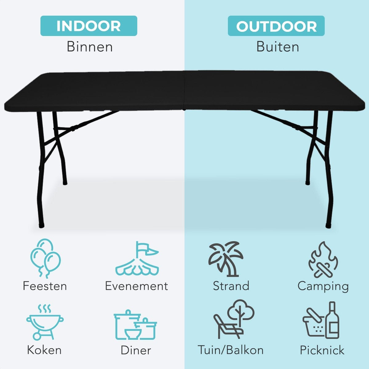 LifeGoods Zusammenklappbarer Tisch - 70x180cm - Verstellbarer und stabiler Klapptisch - Wetterfest - Outdoor-Klapptisch - Schwarz