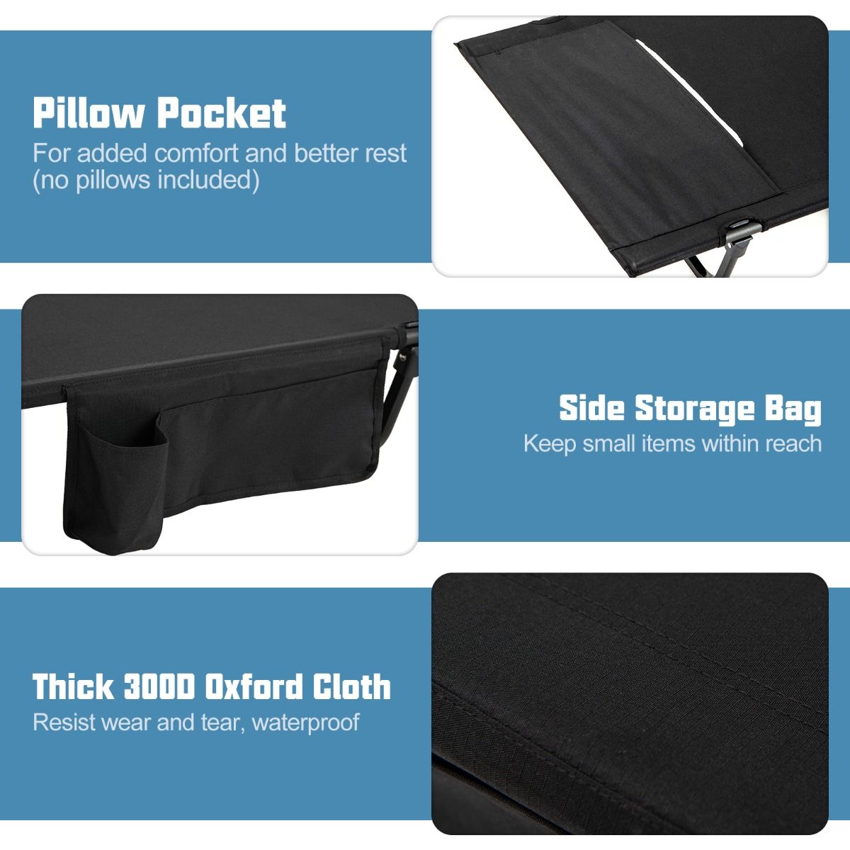 Coast Campingbett – ultraleichtes Feldbett – zusammenklappbar mit Seitentasche – schwarz