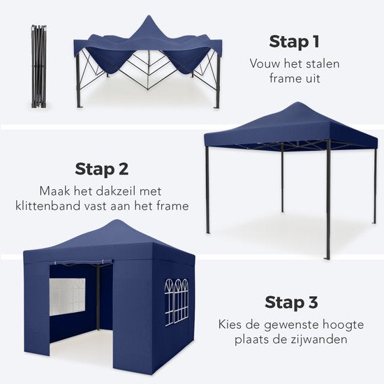 LifeGoods Partyzelt - Pavillon - EasyUp - faltbar - 4 Seitenwände - wasserdicht - mit Tragetasche mit Rädern - 3x3 Meter - Dunkelblau
