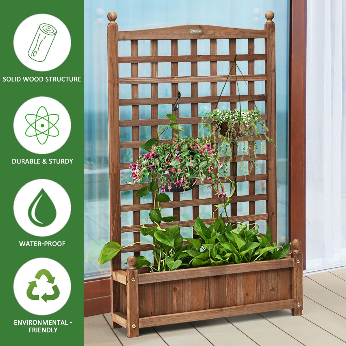 Coast Pflanzkübel mit Klettergitter – geräumiger Blumenkübel – massives Kiefernholz – dunkelbraun – 64,5 x 28 x 120 cm