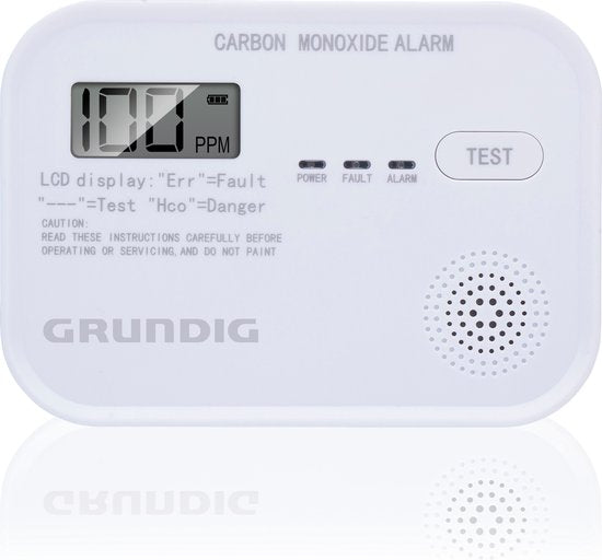 Grundig CO-Melder - Kohlenmonoxid-Melder mit 10-Jahres-Batterie - Co-Meter mit LCD-Display, Alarm bei niedrigem Batteriestand und Sensorfehleralarm - Co2-Melder 85dB Alarm - Wandmontage - Weiß