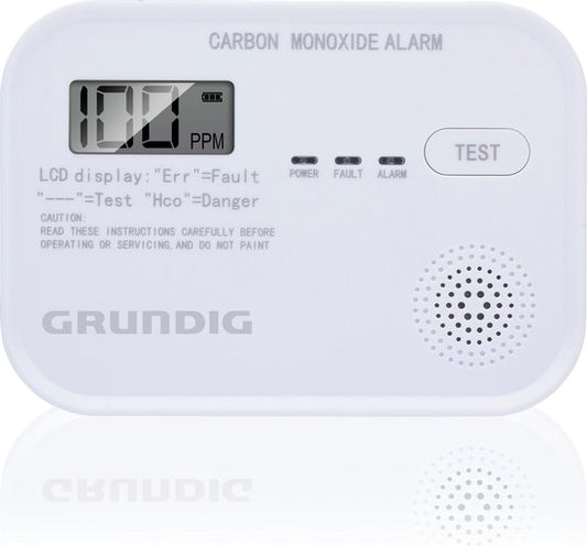Grundig CO-Melder - Kohlenmonoxid-Melder mit 10-Jahres-Batterie - Co-Meter mit LCD-Display, Alarm bei niedrigem Batteriestand und Sensorfehleralarm - Co2-Melder 85dB Alarm - Wandmontage - Weiß