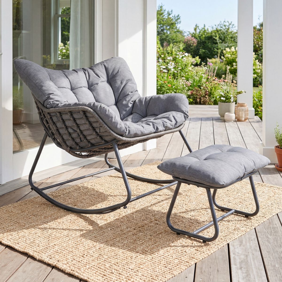 Coast Schaukelstuhl mit Fußhocker – ergonomisches Design – PE-Rattan und Metallgestell – schwarz/grau/beige