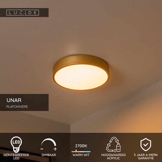 Lucide UNAR – Deckenleuchte – Ø 30 cm – LED 3-Stufen-Dimmer (Memory) – 1x18 W 2700 K – Mattgold / Messing