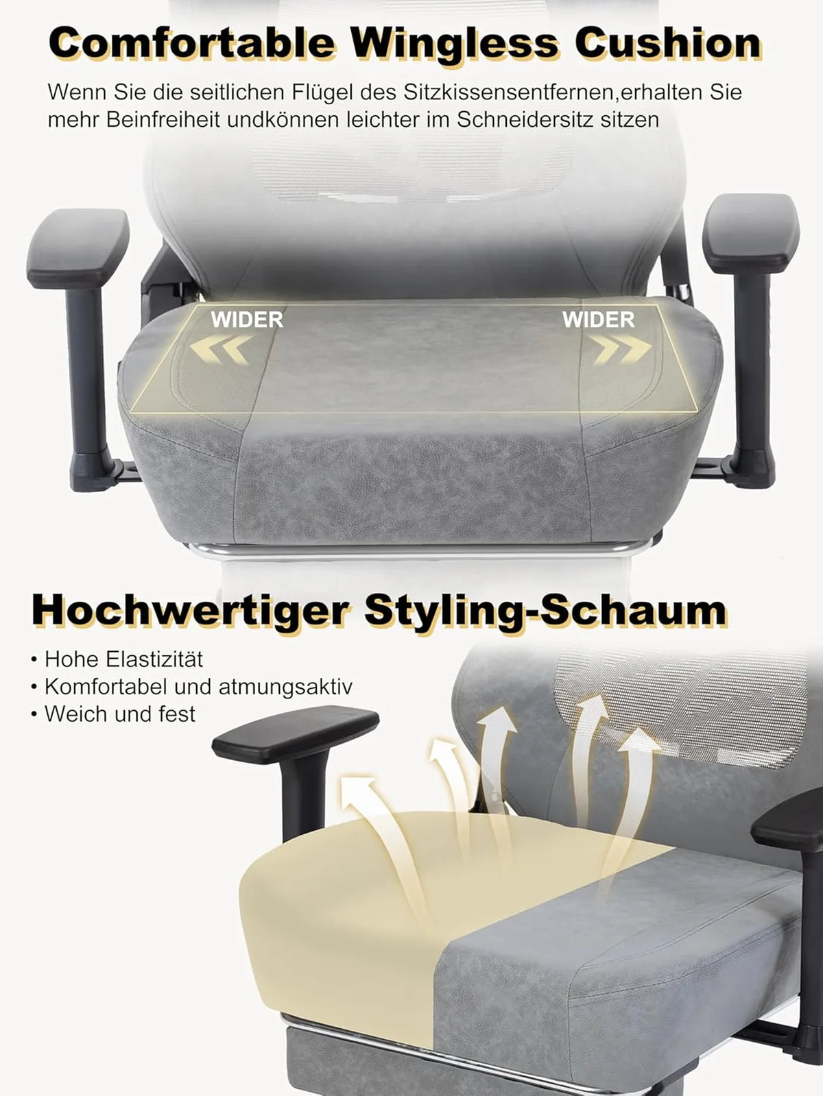 SYMINO Ergonomischer Gaming-Stuhl mit atmungsaktiver Rückenlehne – Vintage-PU-Leder – Grau – Metall und Schaumstoff