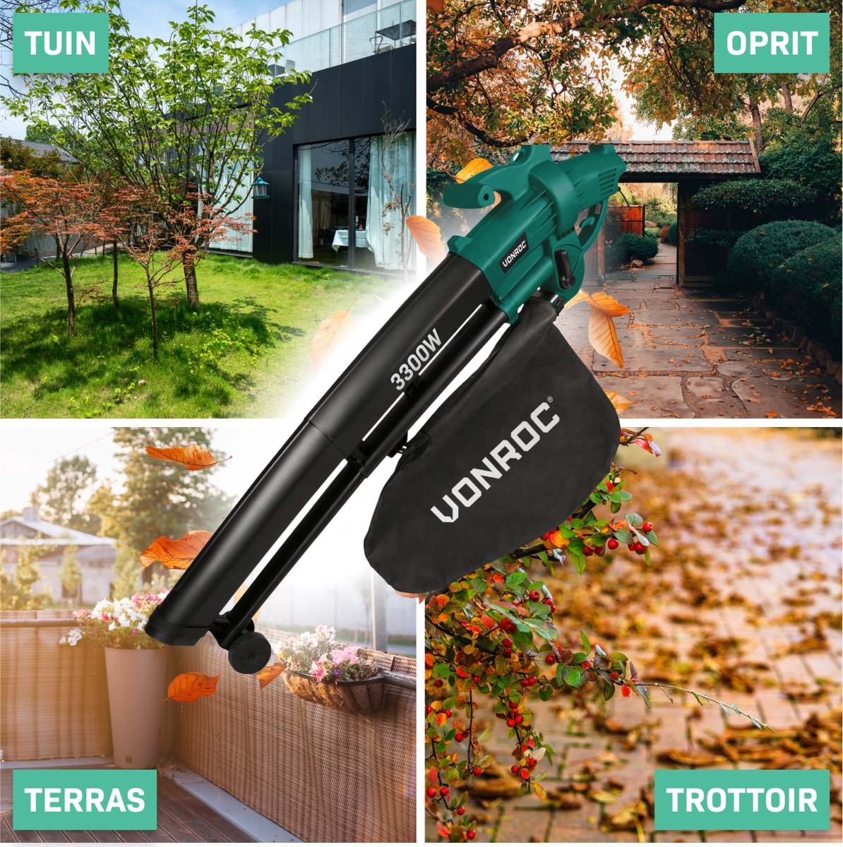VONROC Laubbläser - Saugen & Häckseln - 3300 W - Inkl. 40-Liter-Auffangsack - Schwarz