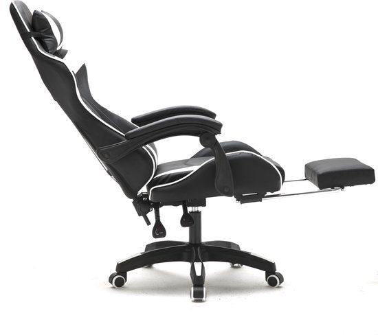 VDD Game Chair - Ausziehbar - Max. 110kg - Inkl. Nackenkissen - 128 x 63 x 50cm - Schwarz & Weiß