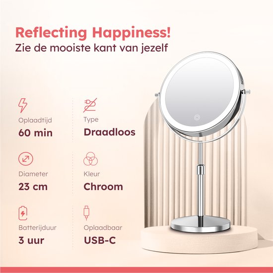 Fraay - Make-up-Spiegel - Mit LED-Beleuchtung - Ø20 cm - 10-fache Vergrößerung - Wiederaufladbar - Doppelseitig - Dimmbar - 3 Lichtmodi - Chrom