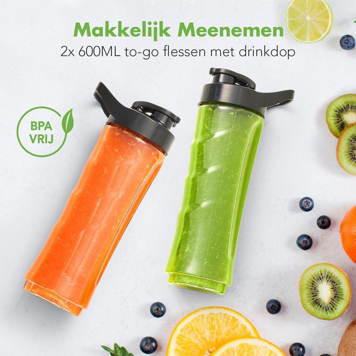 KitchenBrothers Mini Mixer - Smoothie Maker - 2 To-Go Becher - 350W - Edelstahl