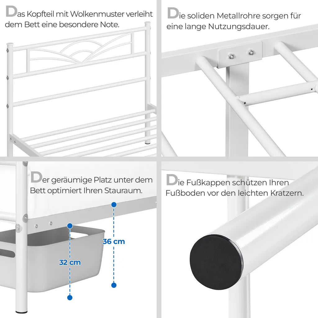 Yaheetech Metall Bettgestell Weiß - 90 x 200 cm - Wolkenmuster Kopfteil - 207.5 x 96.5 x 88.5 cm