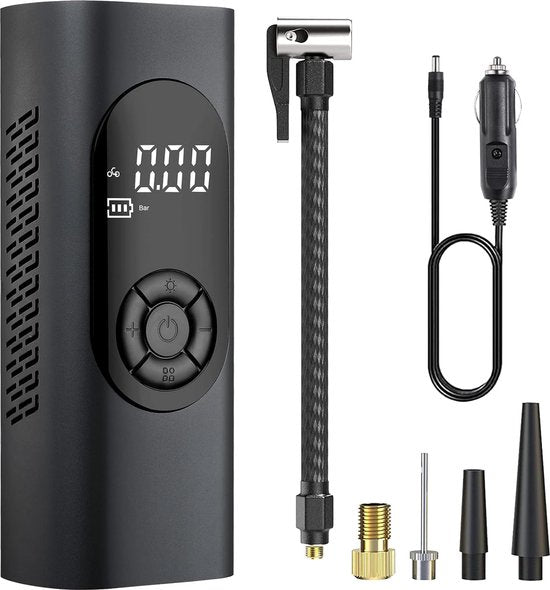 Fuegobird - 6000 mAh Elektropumpe - 150 PSI Fahrradpumpe - Elektrische Miniatur-Fahrradpumpe mit SOS-LED - Gebrauch: Für AUTO-Reifen - Fahrräder - Elektrofahrräder - Ballsportarten - Inklusive 2 Aufpumpschläuche - Schwarz