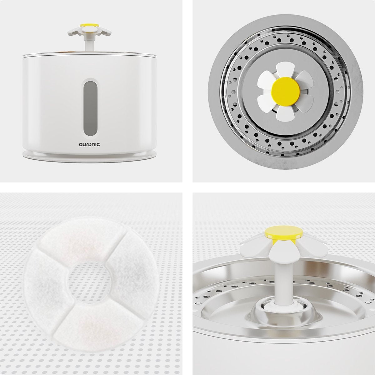 Auronic Trinkbrunnen - Wasserbrunnen für Katzen und Hunde - 2.4L - Tiertränke - Inkl. 4 Filter und 2 Bürsten - Weiß